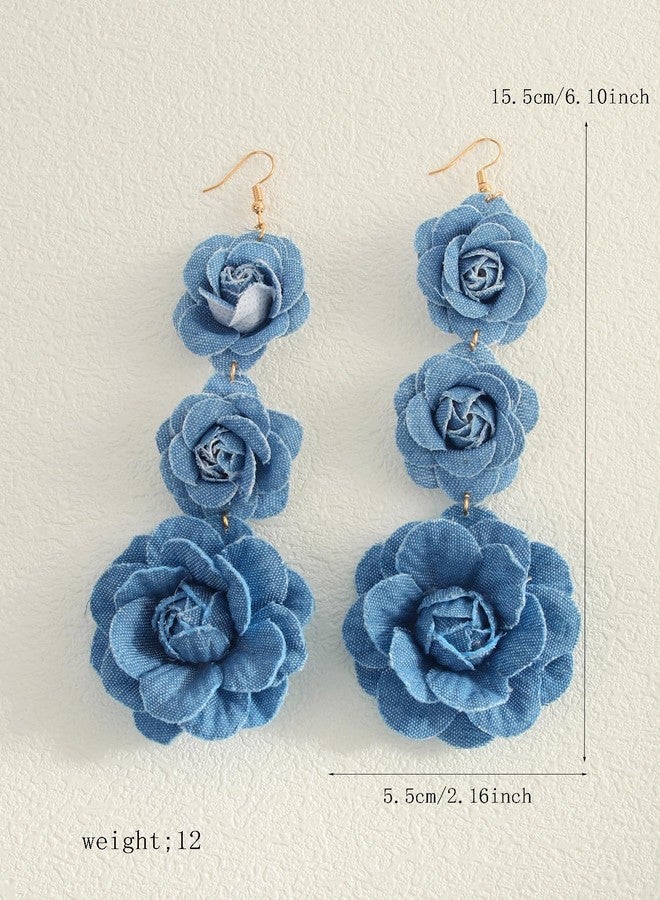 DATOA Boho Denim Camellia Flower Dangle Hook Long Earrings for Women 3 Layered Tiered Blossom Dangling Drop Gold Plated Earring Chic Jewelry Gifts Wedding Bridal - Blue - Image 4